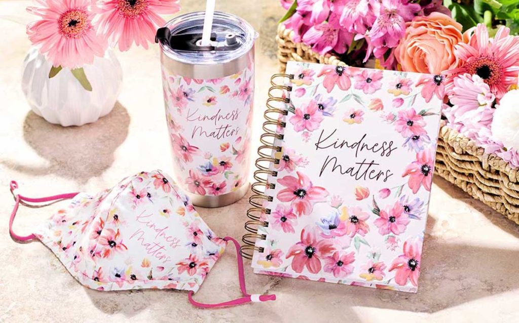 Pink Floral Kindness Matters notebook, cup with straw, and mask